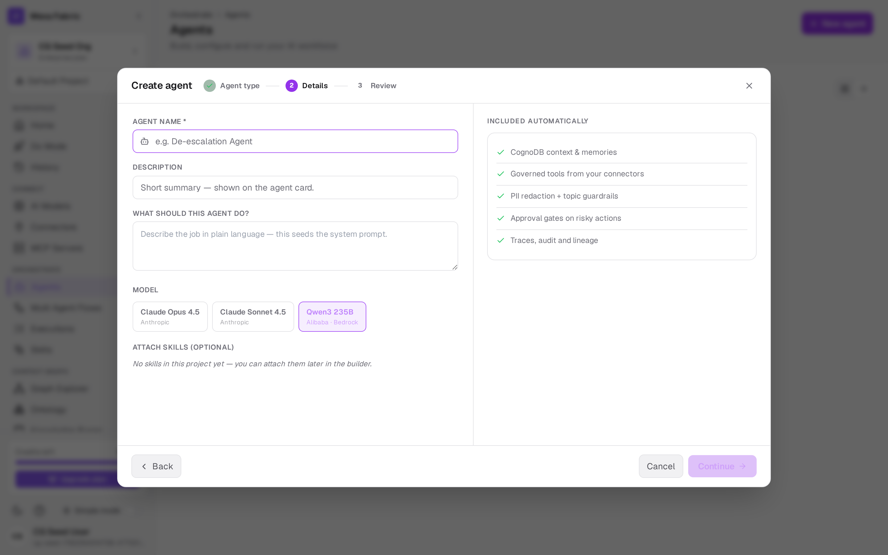 The agent wizard, step 2 — details (name, description, instructions, model, skills).