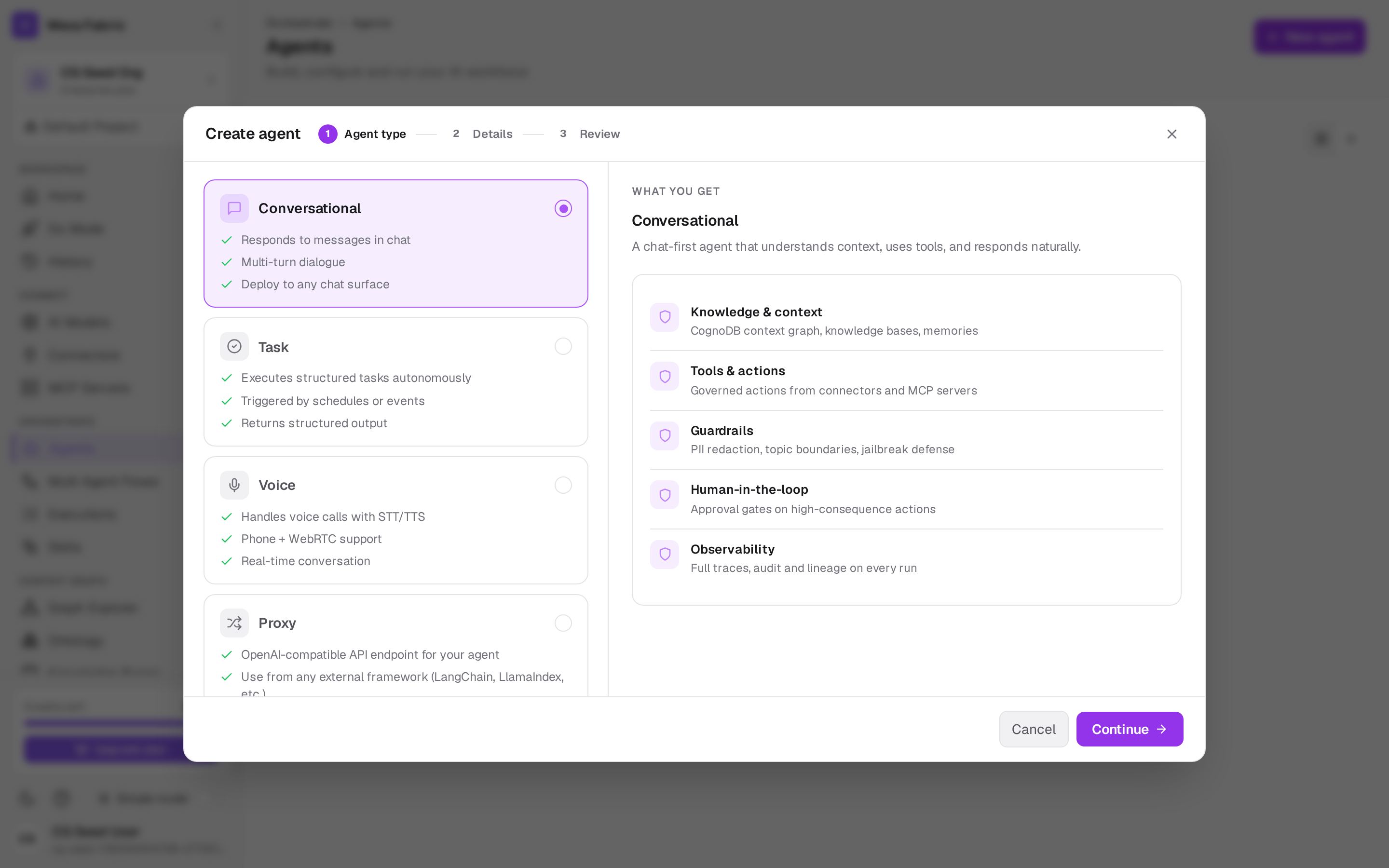 The agent wizard, step 1 — type selection (Conversational, Task, Voice, Proxy, Interop).