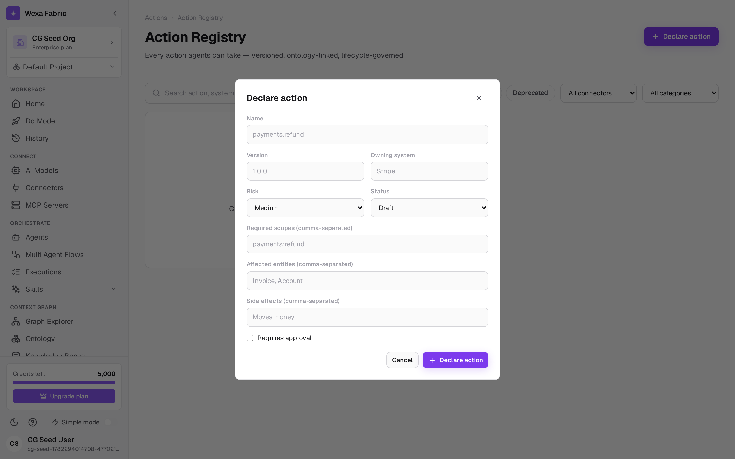 The Declare action dialog with its fields.