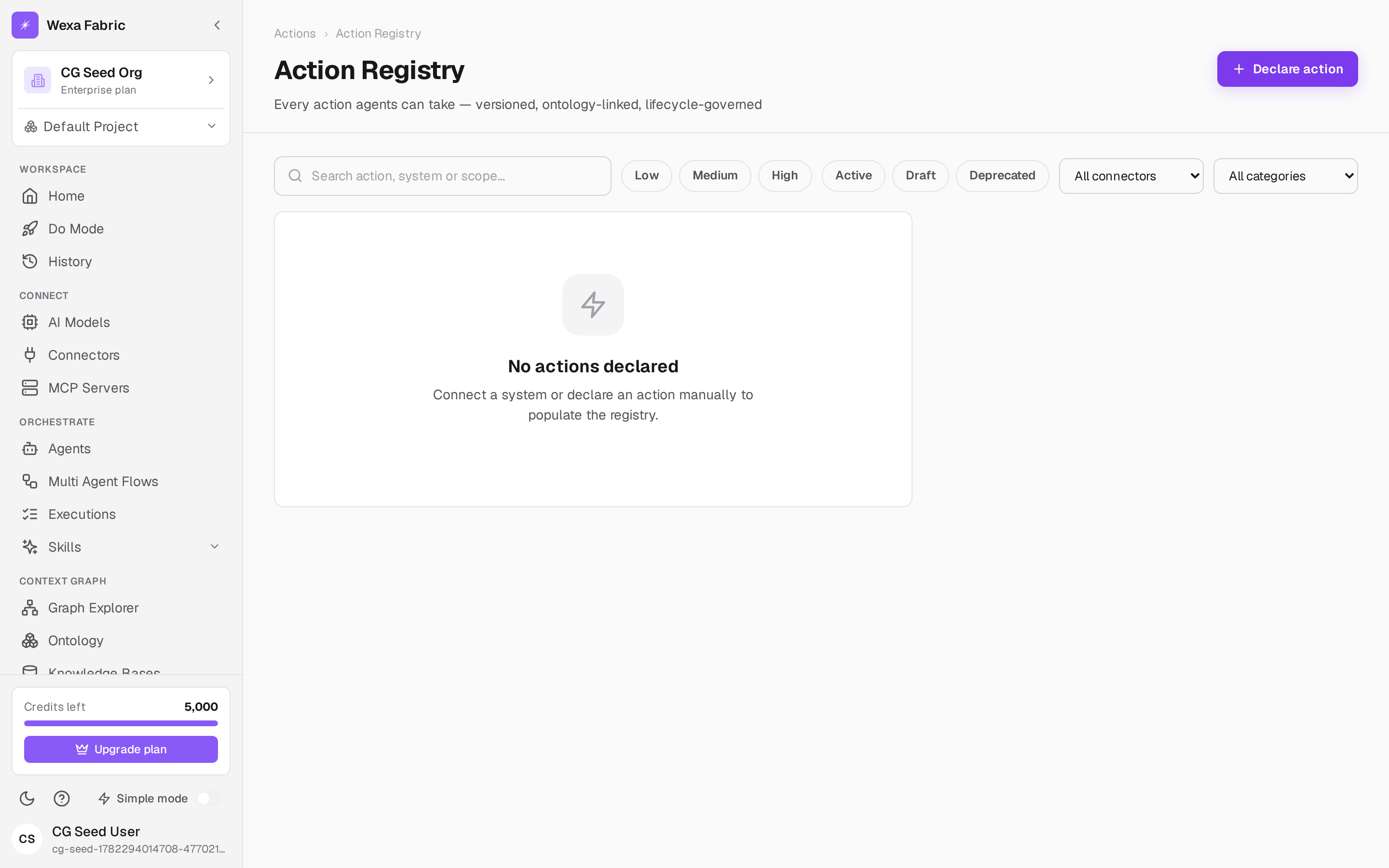 The Action Registry list (Action, Version, System, Risk, Status).
