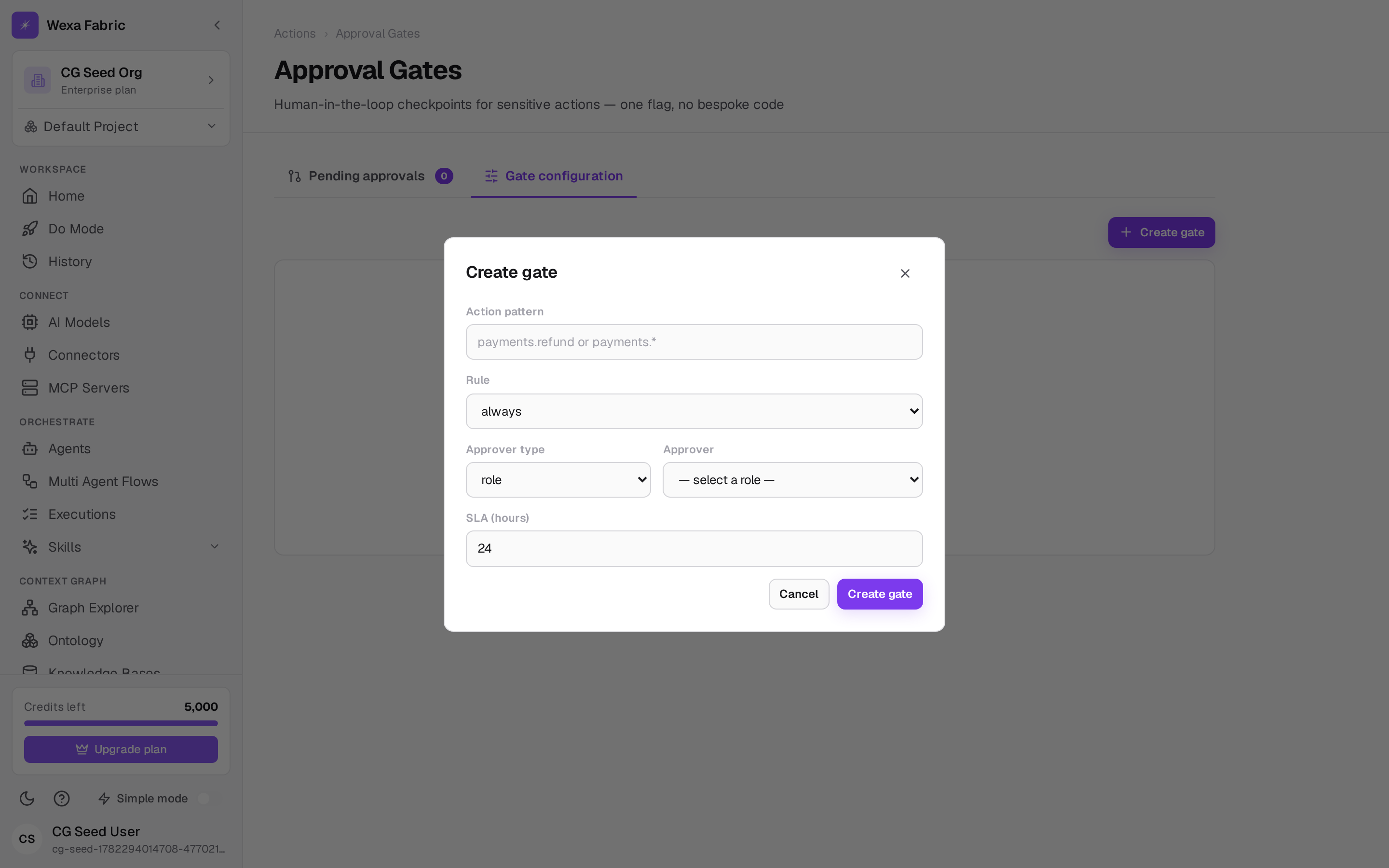 The Create gate dialog (action pattern, rule/condition, approver, SLA).