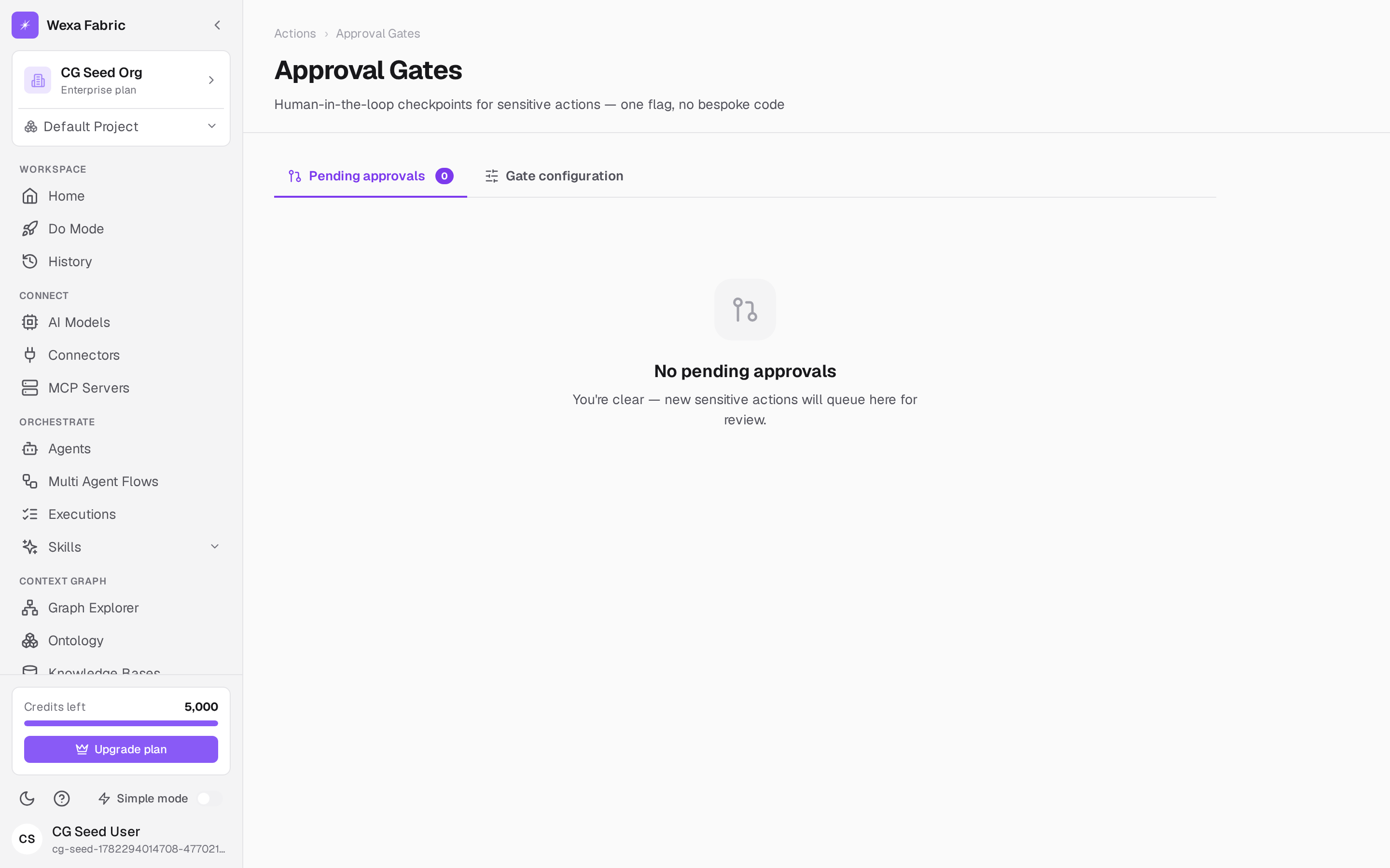 The Approval Gates page — Pending approvals and Gate configuration tabs.
