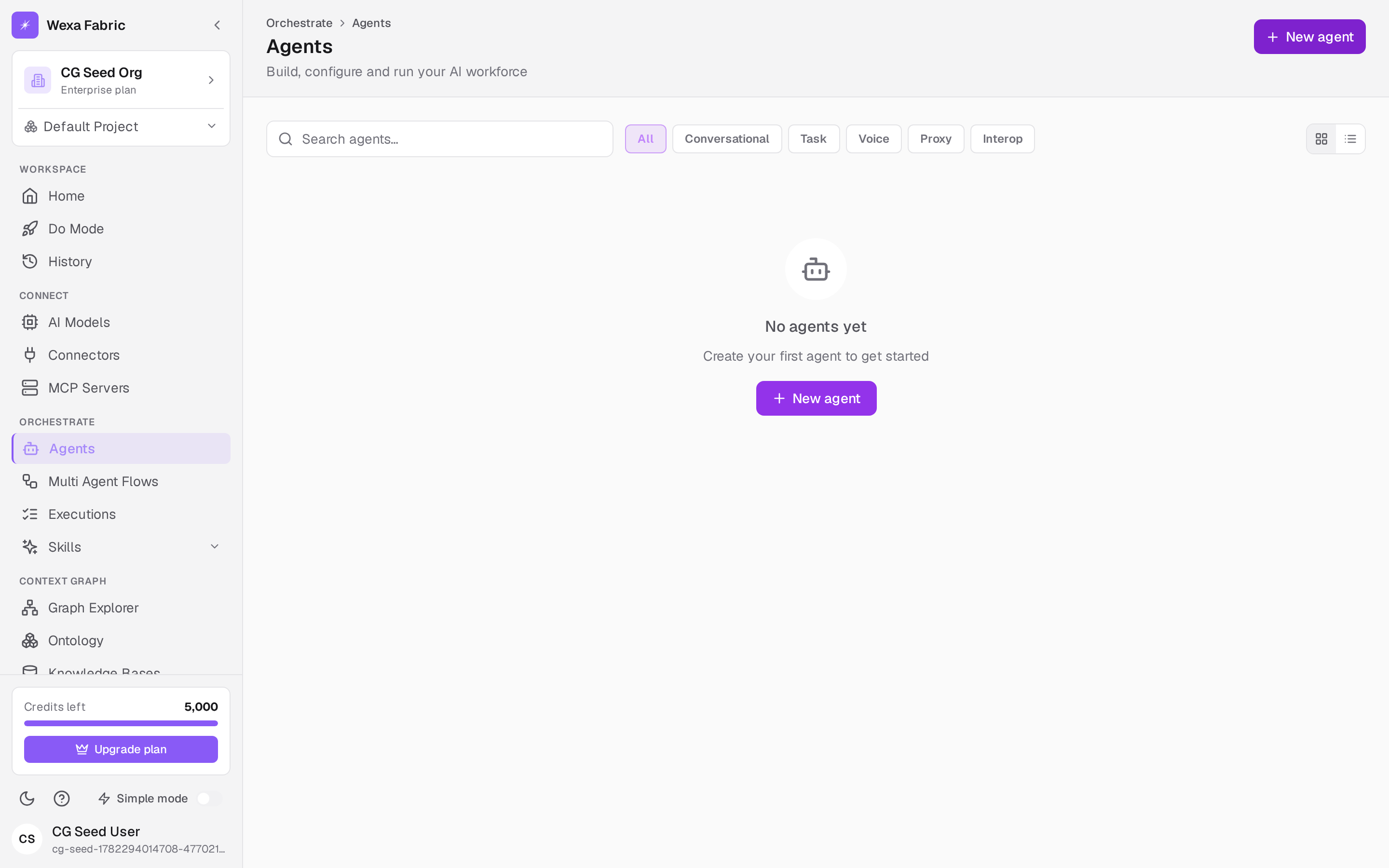 The Orchestrate → Agents view with the New agent button.