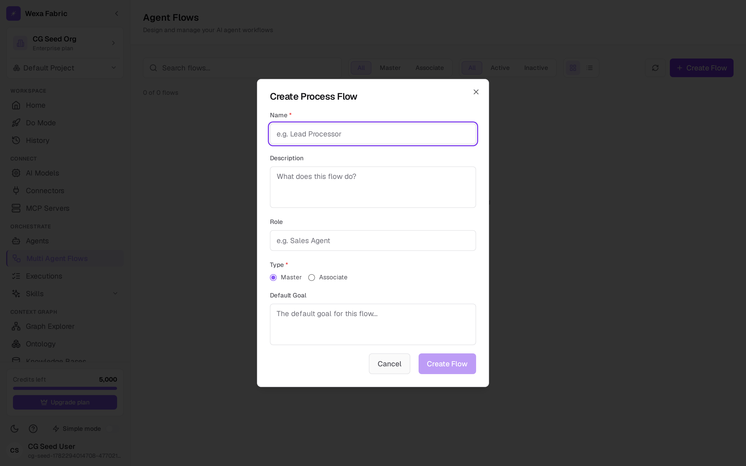The Create Process Flow dialog (Name, Type master/associate, Default Goal).