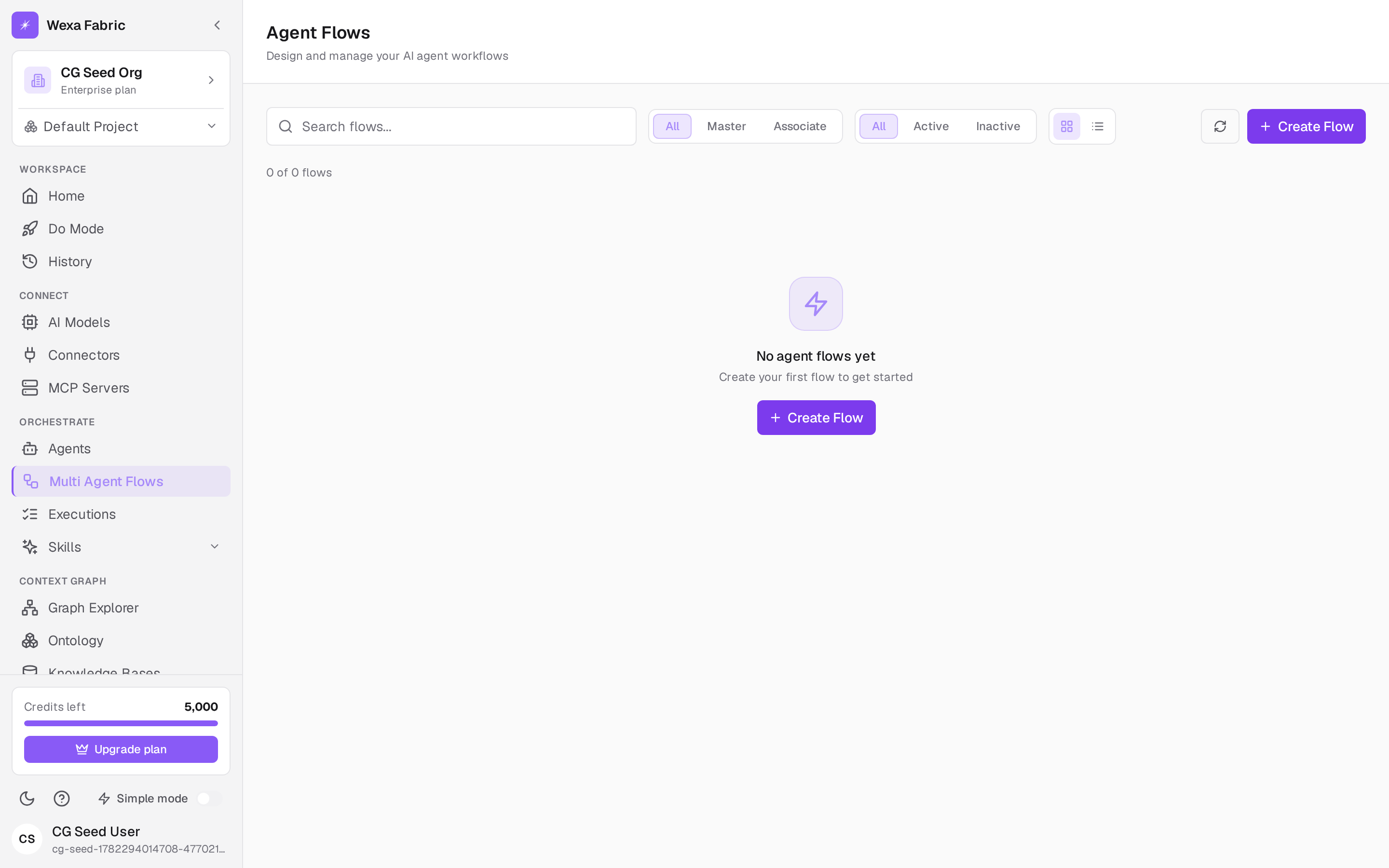 The Agent Flows view with the Create Flow button.