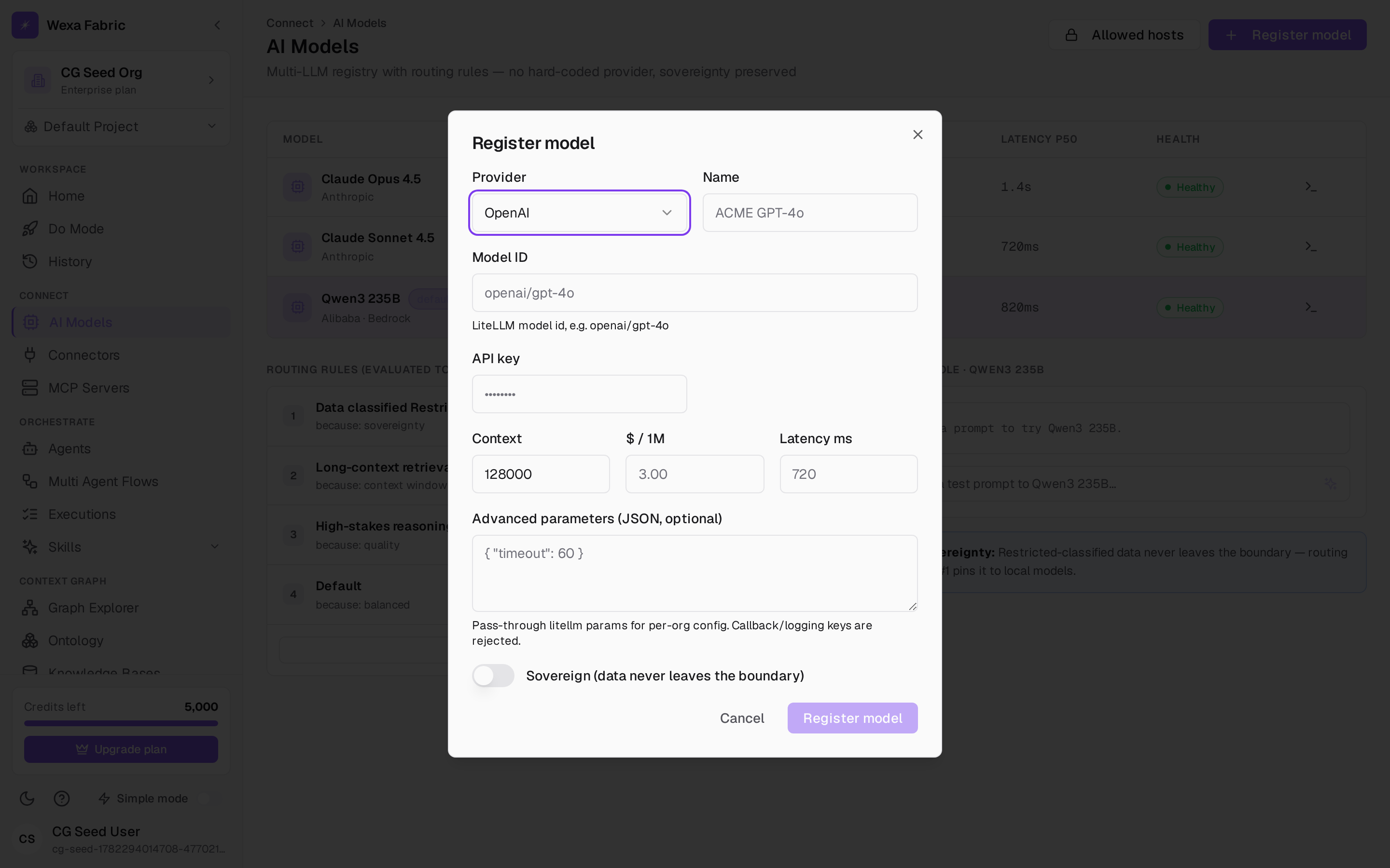 The Register model dialog with provider options and the Sovereign checkbox.