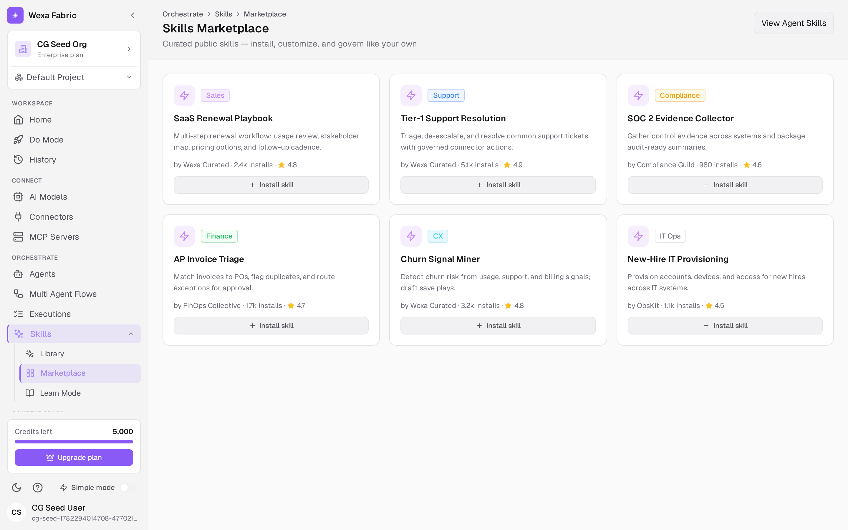 The Skills Marketplace catalog with Install buttons.