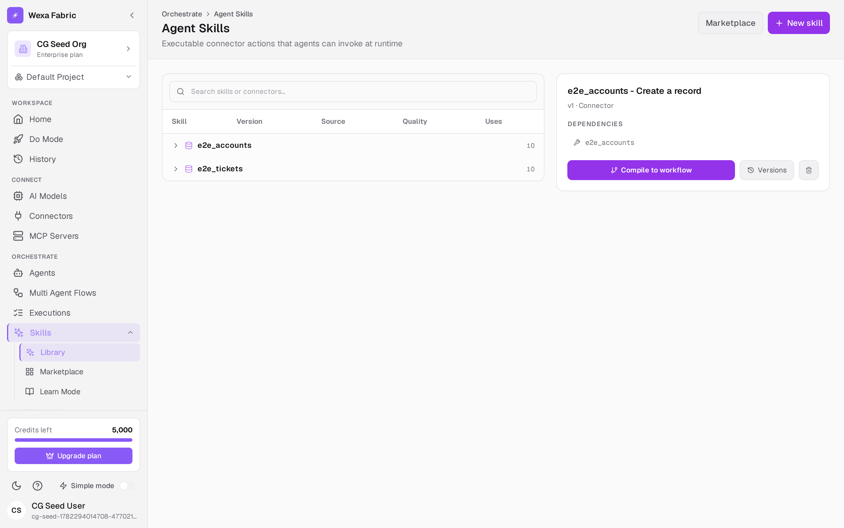 The Agent Skills library with the New skill and Marketplace buttons.