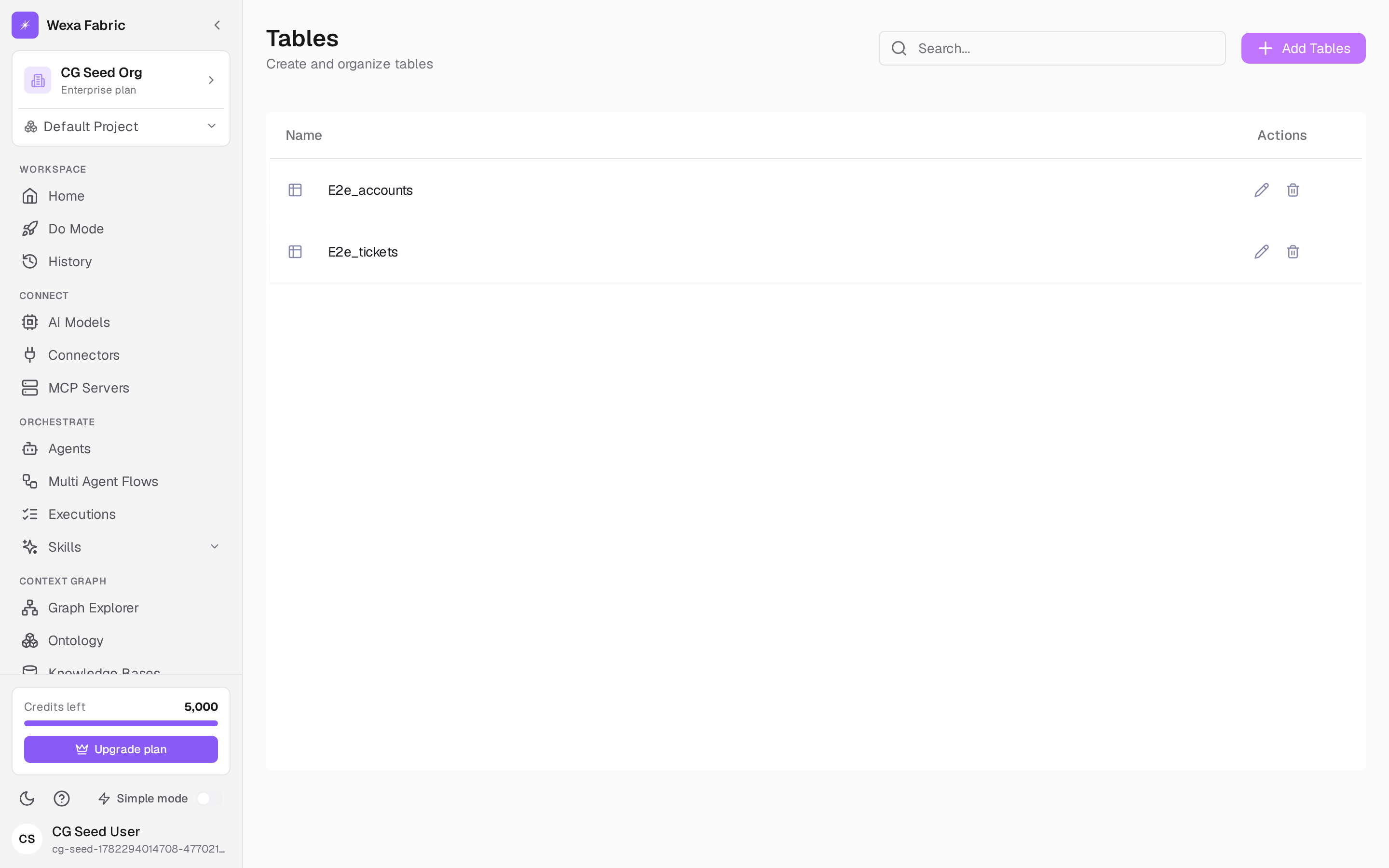 The Tables view with the New Table button.