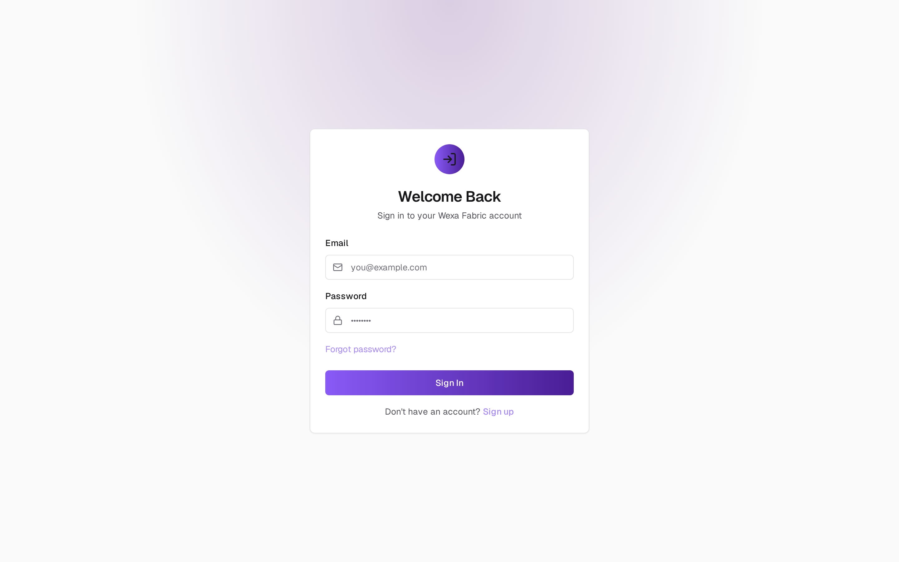 The Wexa Fabric login screen.