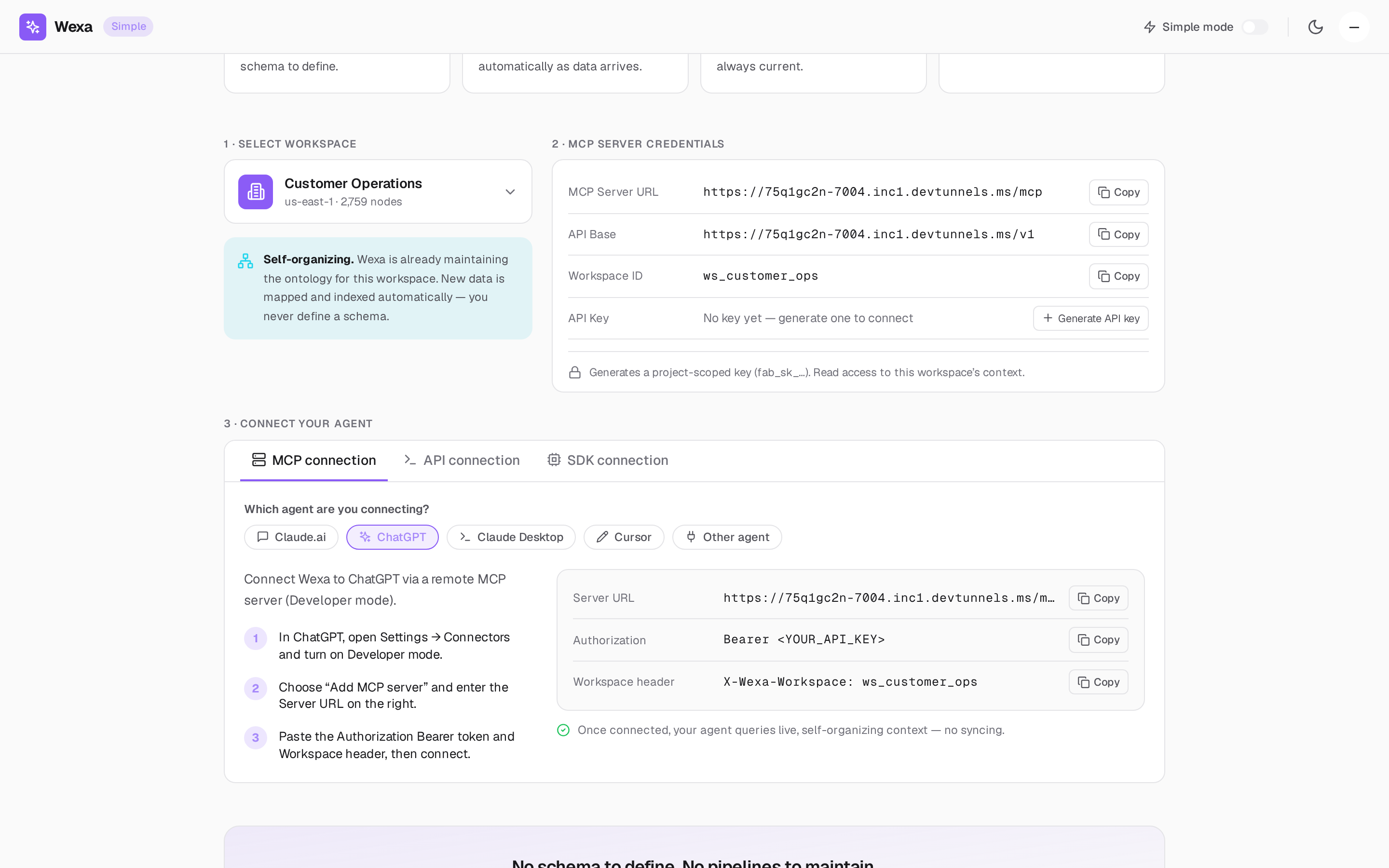 The ChatGPT client view in Simple Mode showing Server URL, Bearer token, and Workspace header.
