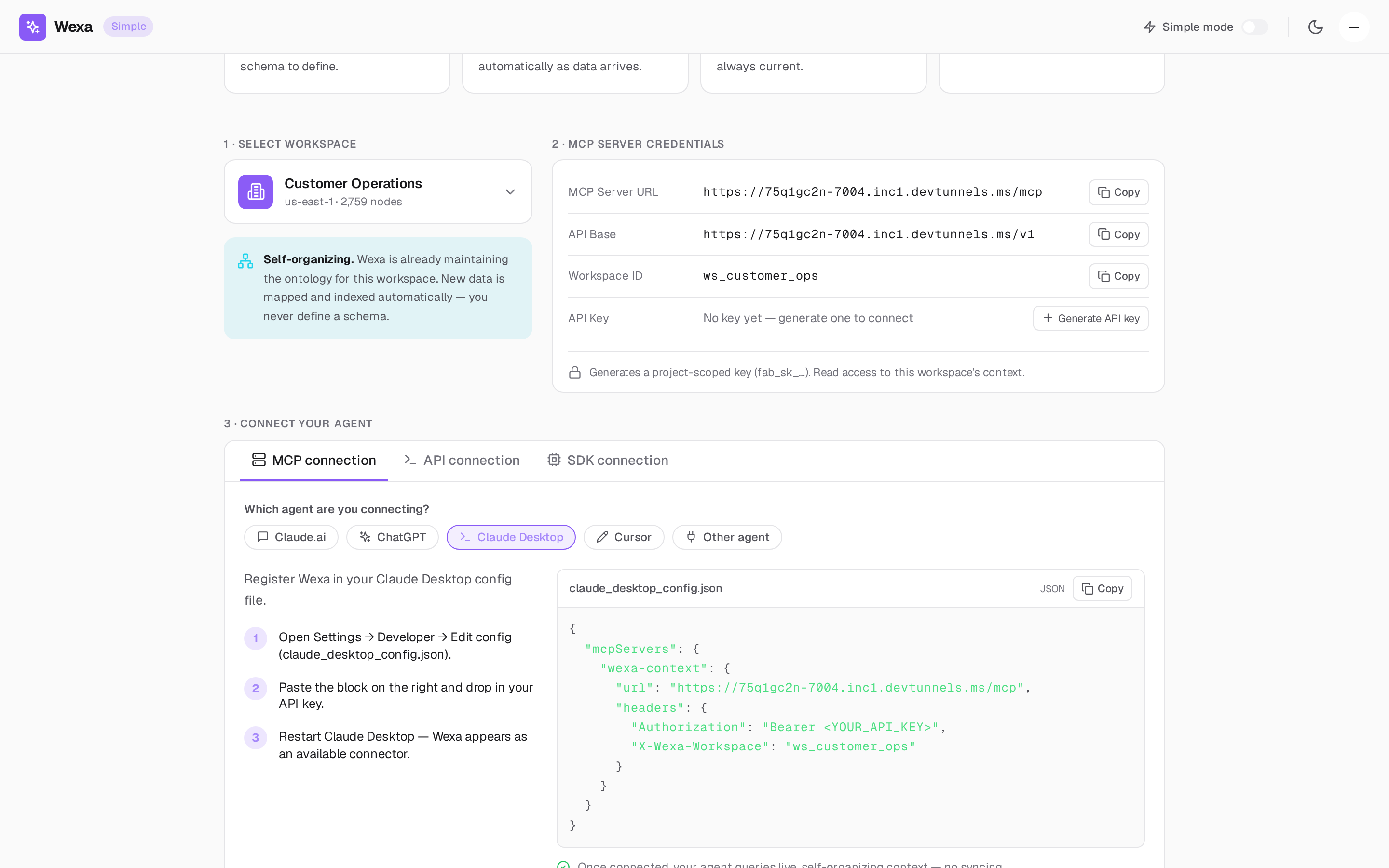 The Claude Desktop client view in Simple Mode showing the config block.
