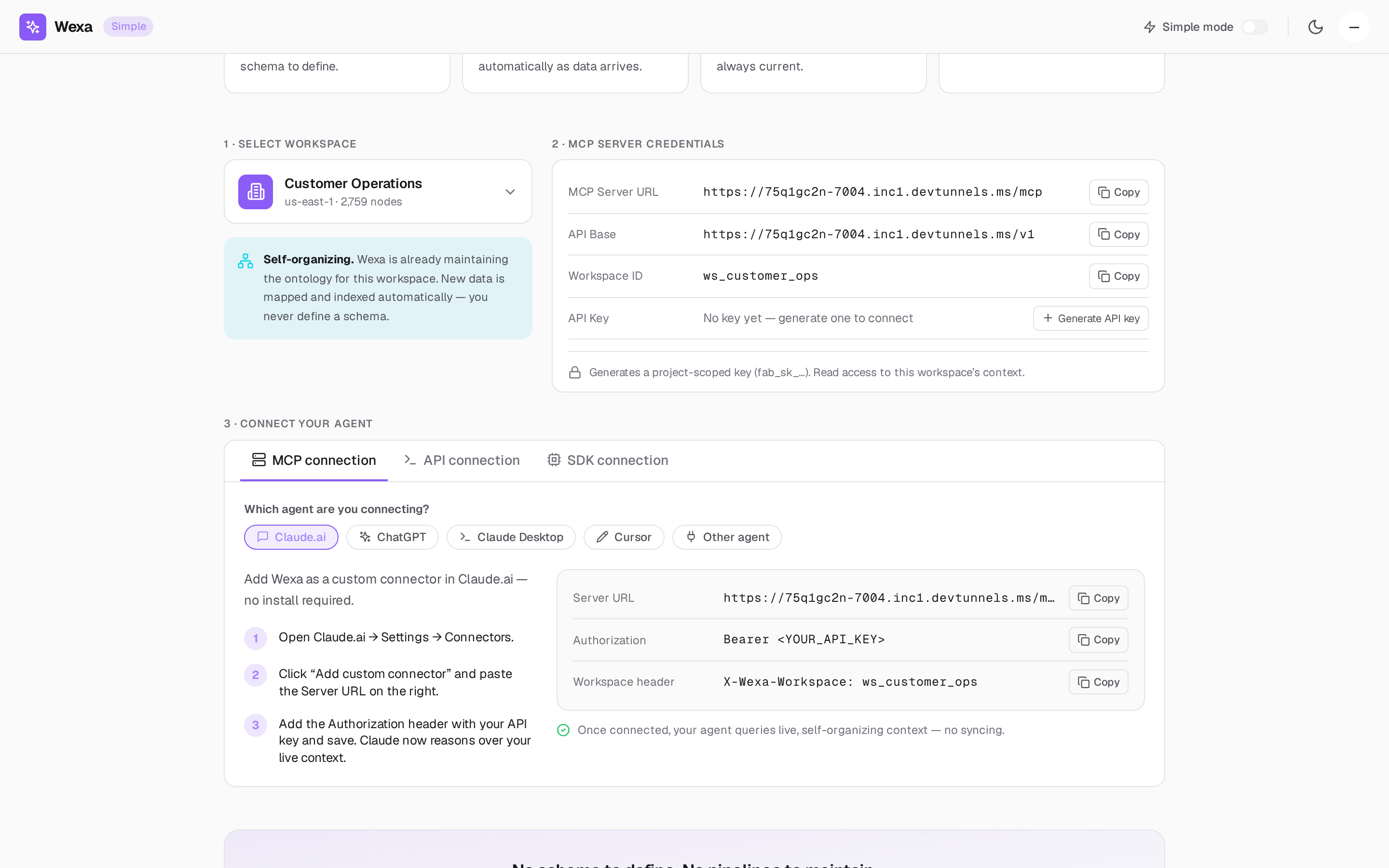 The “Connect your agent” tabs (MCP / API / SDK) with the MCP client picker.