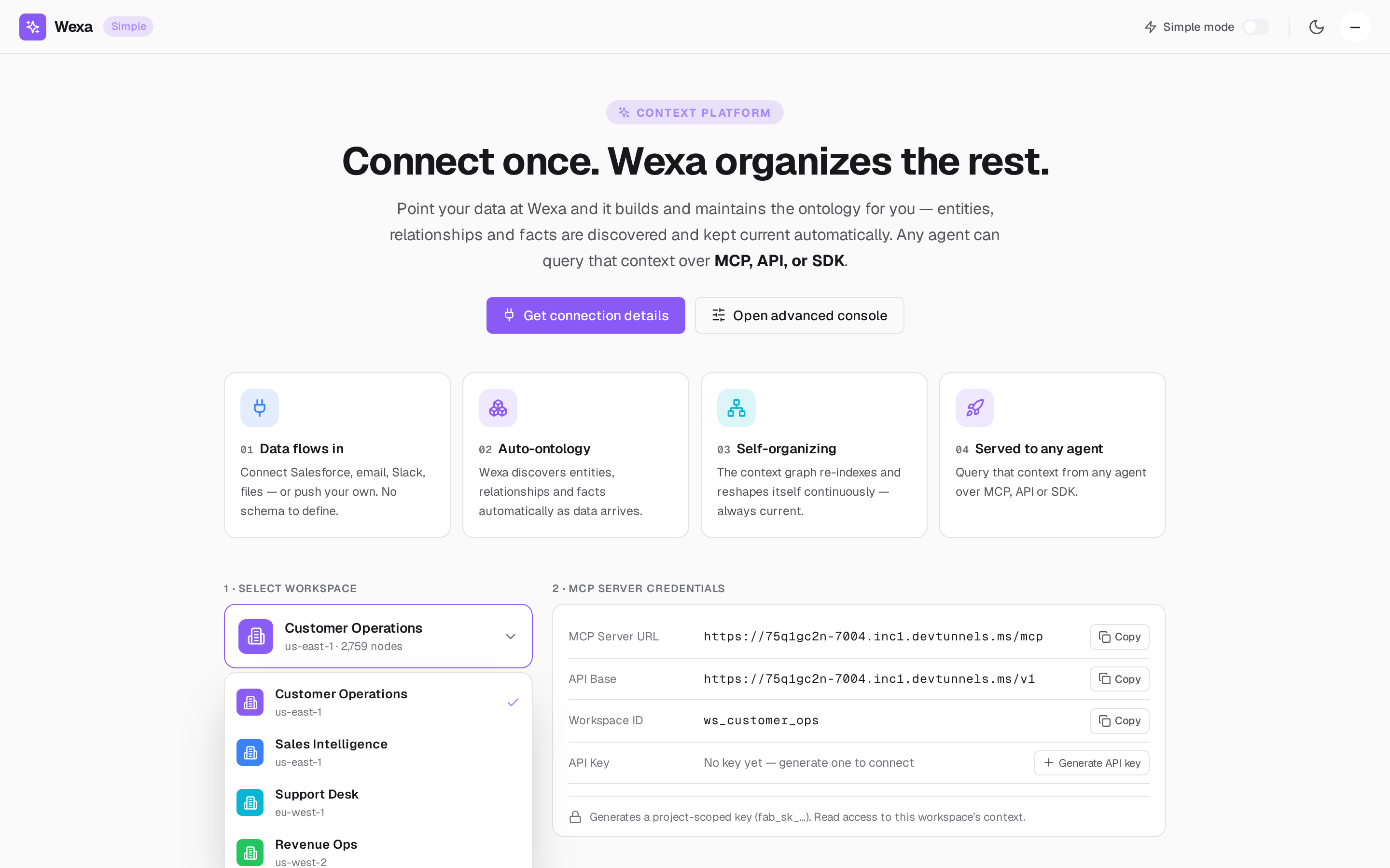 The workspace selector listing accessible projects.